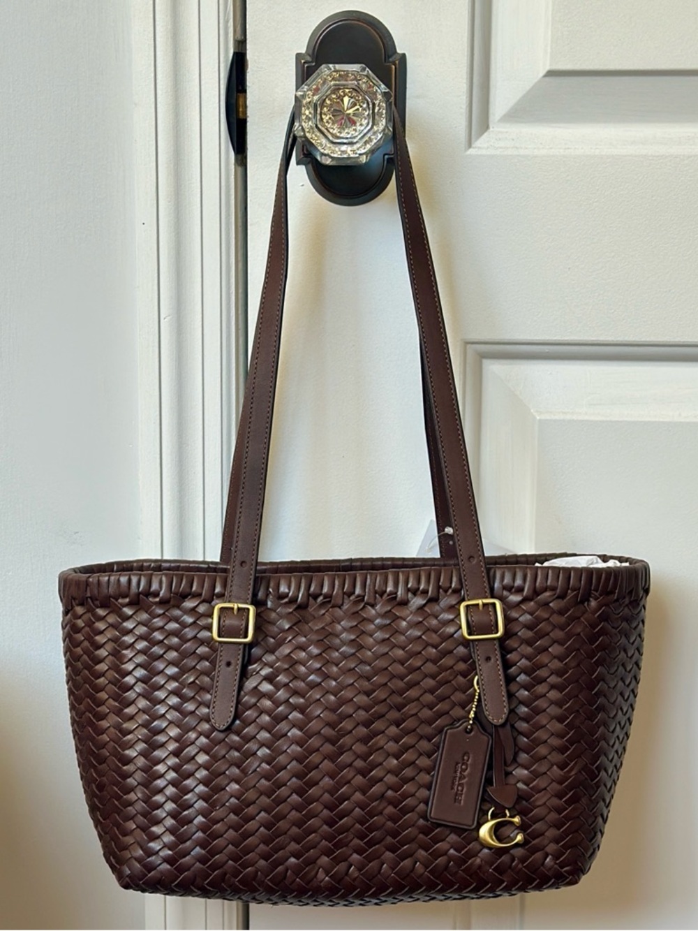 NWT Coach Woven Leather Swing Tote Shoulder Bag, Color is Maple
